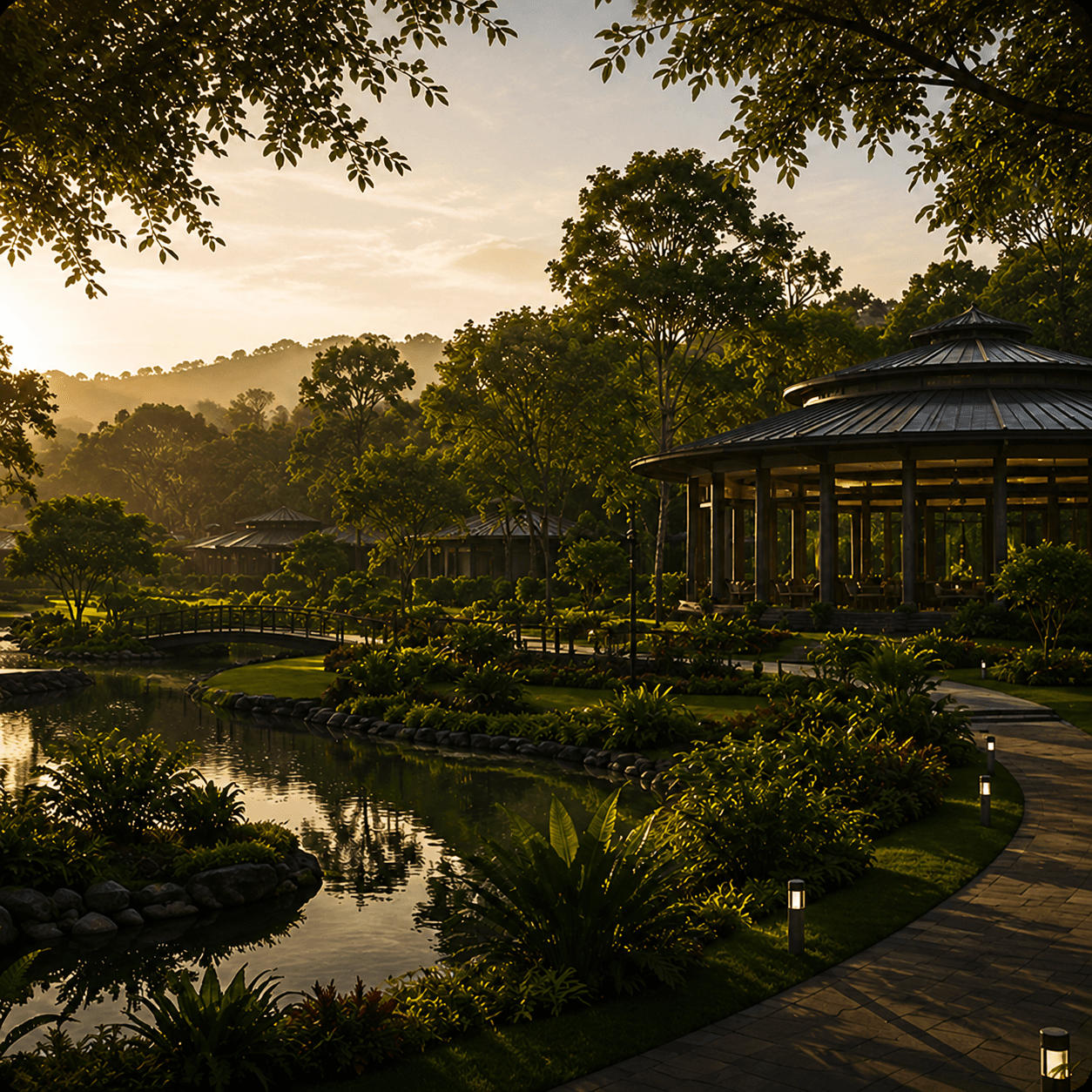 Landscaped LIFT Shelters garden with a reflecting pond and pavilion at sunset